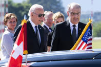 Swiss Federal president Guy Parmelin, right, welcomes US president Joe Biden, second left, in Geneva, Switzerland, Tuesday, June 15, 2021 one day before the US - Russia summit. The meeting between US President Joe Biden and Russian President Vladimir Putin is scheduled in Geneva for Wednesday, June 16, 2021. (Martial Trezzini/Keystone via AP, Pool)