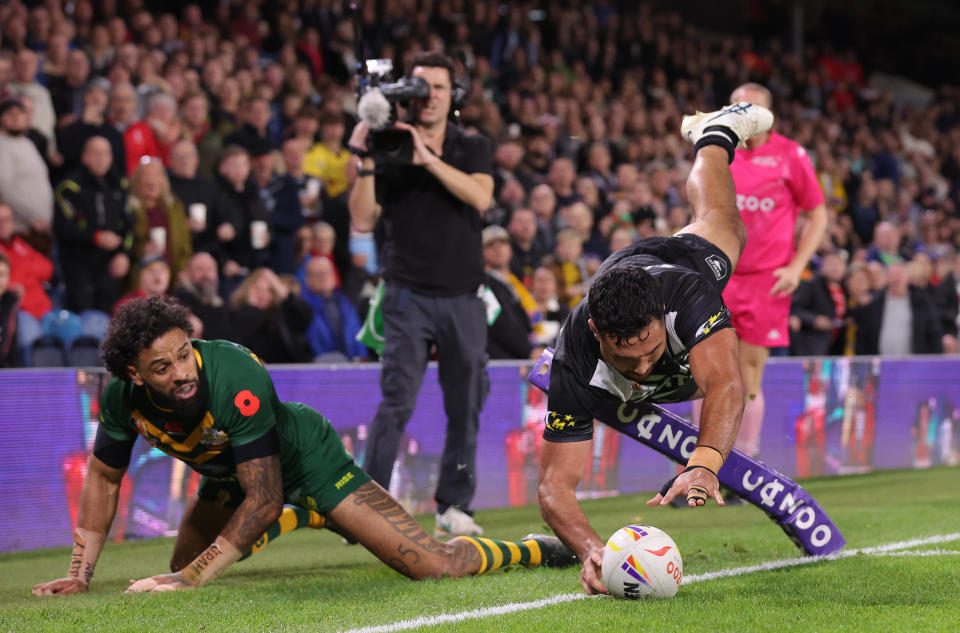 Seen here, Peta Hiku goes close to scoring a try for New Zealand in their semi-final defeat to Australia at the Rugby League World Cup. 