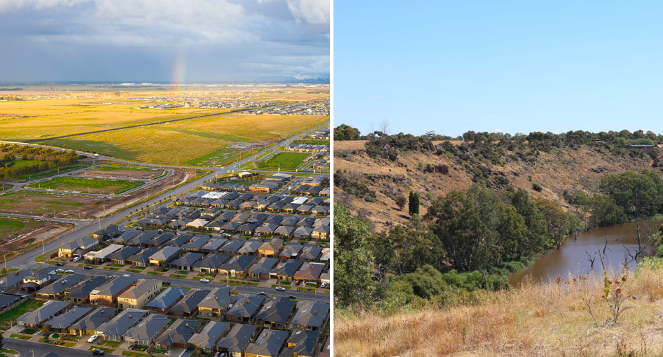 Left - housing at the edge of Melbourne next to farmland. Right - farmland at the development site near Bacchus Marsh.