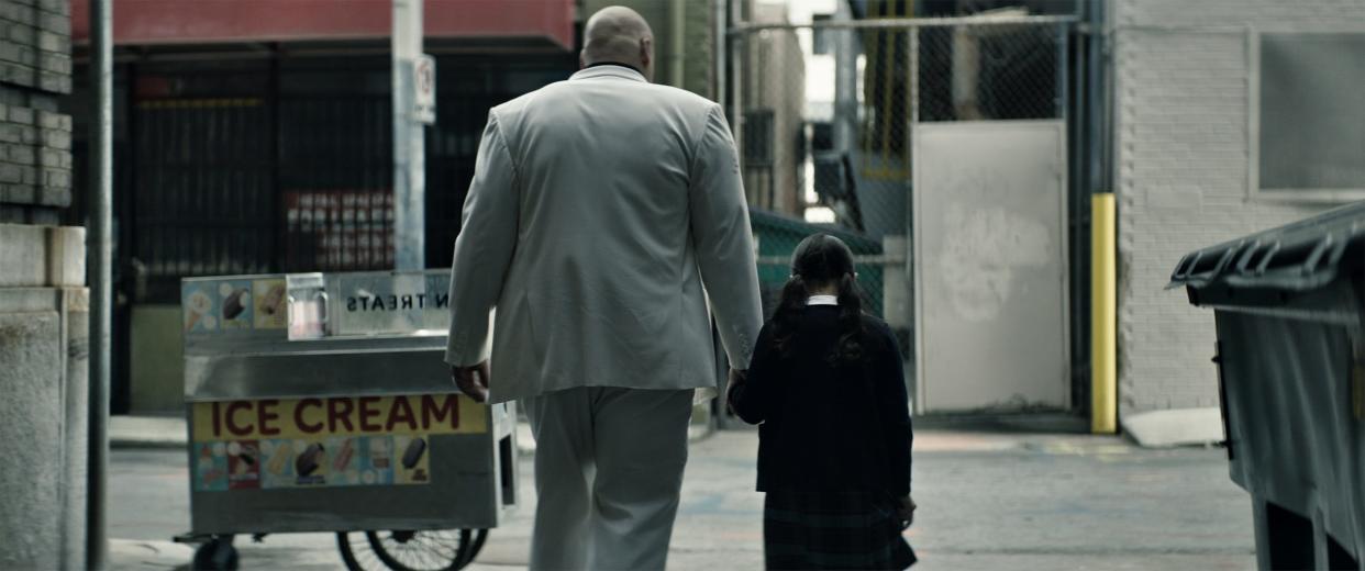 From left, Vincent D’Onofrio stars as Wilson Fisk/Kingpin and Darnell Besaw as young Maya Lopez in Marvel Studios' "Echo," releasing Jan. 10 on Disney+ and Hulu. Although it was filmed in Atlanta, Georgia, the series is set in part in the Choctaw Nation in southeastern Oklahoma.
