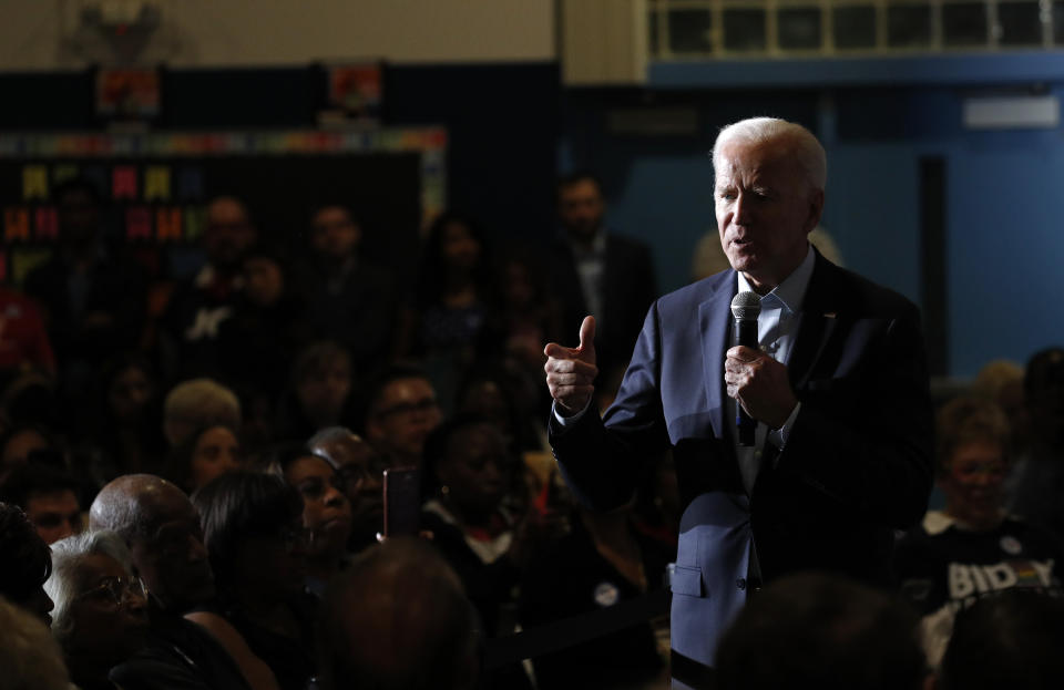 Former Vice President and Democratic presidential candidate Joe Biden speaks at a campaign event, Saturday, Nov. 16, 2019, in Las Vegas. (AP Photo/John Locher)