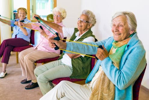 <span class="caption">Muscle loss might be an inevitable part of ageing, but exercise can slow this process down.</span> <span class="attribution"><a class="link " href="https://www.shutterstock.com/image-photo/group-four-smiling-senior-women-toning-367740032" rel="nofollow noopener" target="_blank" data-ylk="slk:belushi/ Shutterstock;elm:context_link;itc:0;sec:content-canvas">belushi/ Shutterstock</a></span>