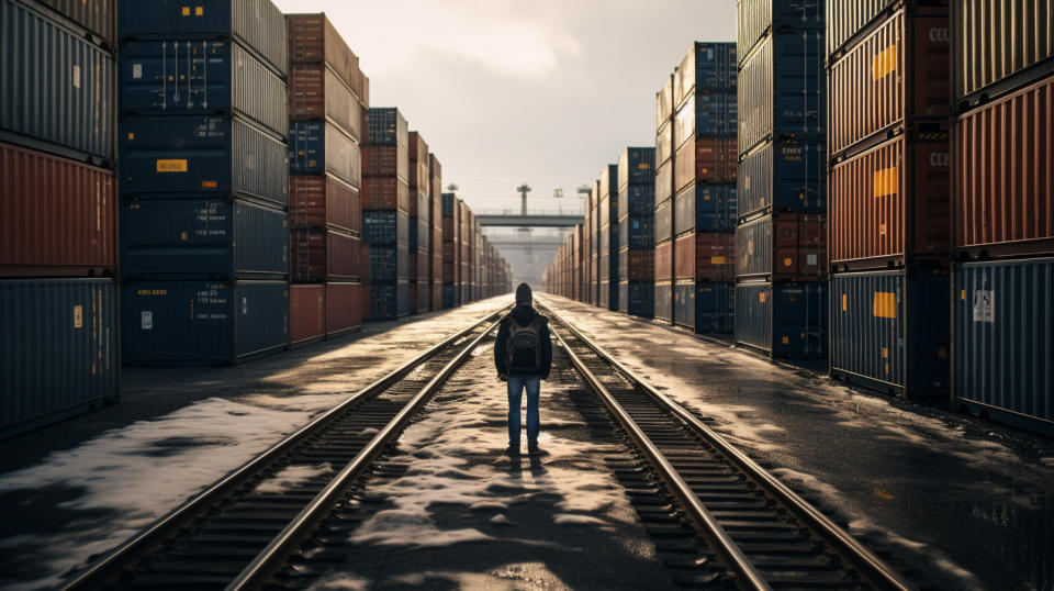 An engineer walking through a storage yard filled with gondolas, boxcars, and hopper cars.