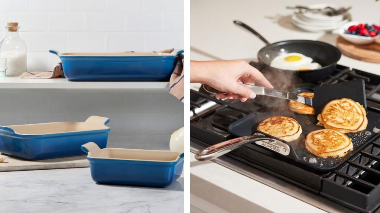  Williams Sonoma cookware sale buys including le creuset blue baking dishes and an all clad griddle with pancakes on top. 