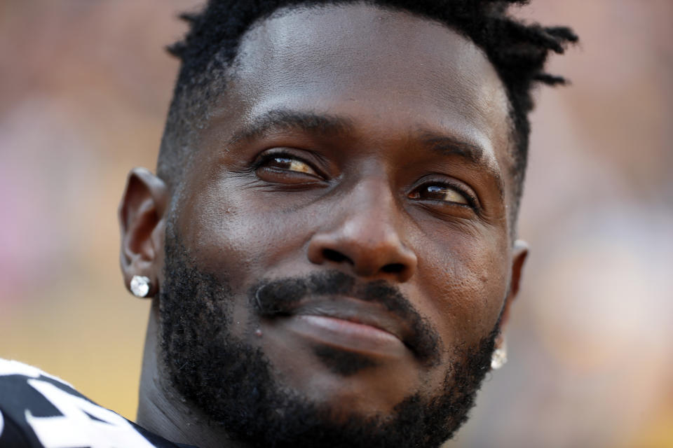 Pittsburgh Steelers wide receiver Antonio Brown stands on the sideline in the final minute of a win over the Atlanta Falcons in an NFL football game in Pittsburgh, Sunday, Oct. 7, 2018. (AP Photo/Gene J. Puskar)