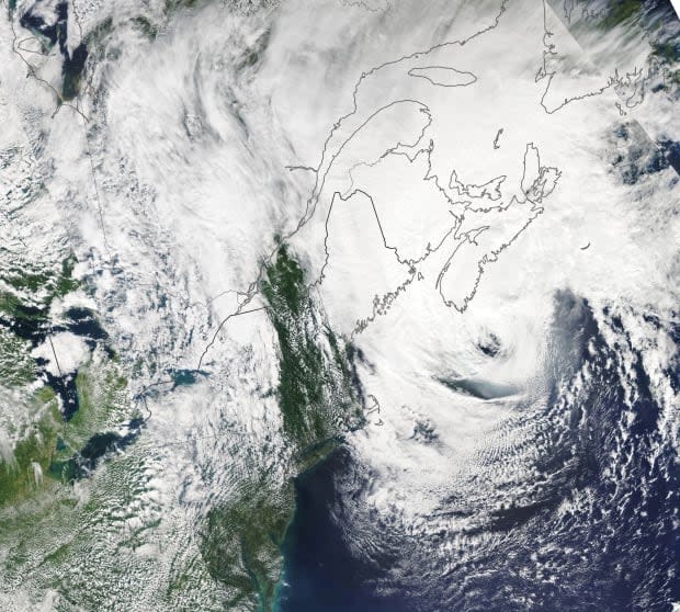 A NOAA satellite image showing the remnants of Hurricane Dorian making landfall in Nova Scotia on Sept. 7, 2019. Dorian knocked out power to more than 500,000 customers across the Atlantic provinces. A near-record storm surge was observed in the harbour at Halifax and along the coast of New Brunswick.