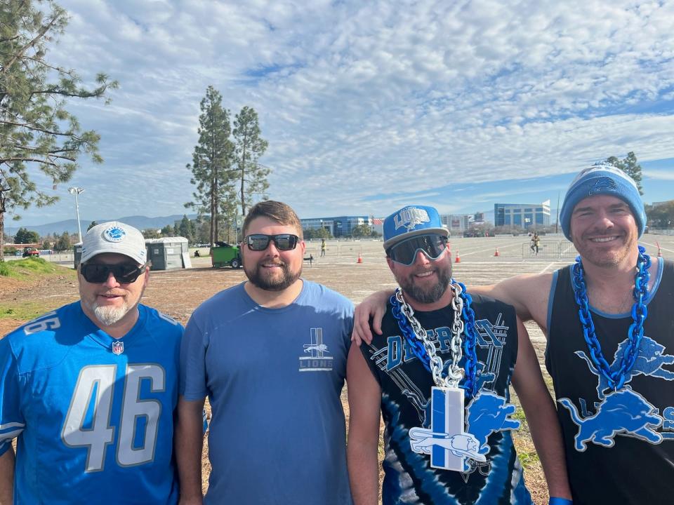 From left, Randy Blomberg, Blake Blomberg, Joe Otto and Justin Harrell arrived about six hours early to start tailgating for the Detroit Lions game against the San Francisco 49ers on Sun., Jan. 28, 2024 in San Francisco. The crew, who flew in from Detroit on Saturday, said the entire experience is surreal.
(Credit: David Boucher, Detroit Free Press)