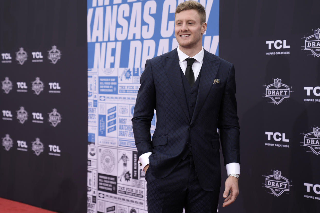 Kentucky quarterback Will Levis arrives on the red carpet before the first round of the NFL draft. (AP Photo/Charlie Riedel)