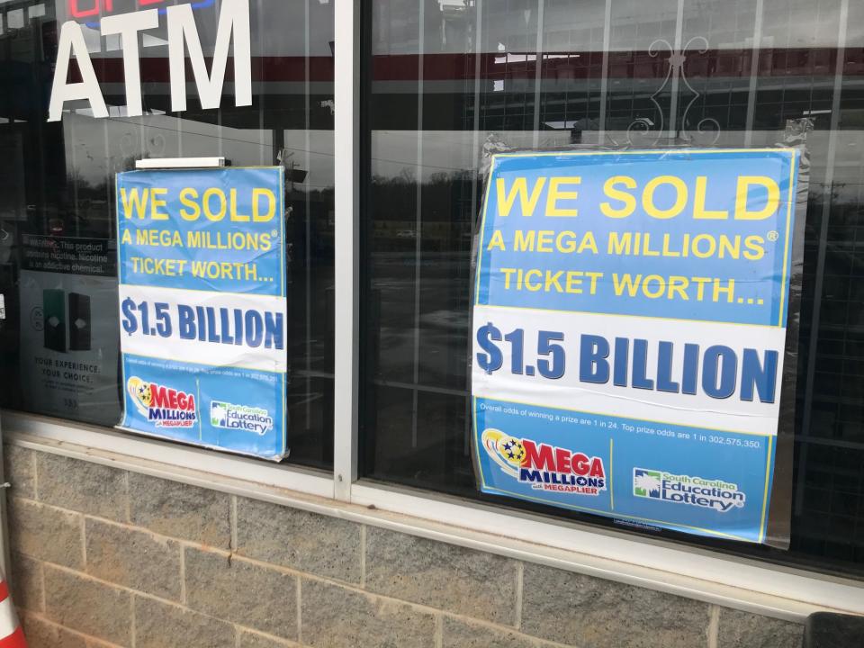 The store in Simpsonville that sold the winning lottery ticket boasts signs in its window.