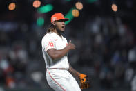 San Francisco Giants pitcher Camilo Doval reacts after striking out Kansas City Royals' Nicky Lopez for the final out of a baseball game in San Francisco, Tuesday, June 14, 2022. (AP Photo/Jeff Chiu)