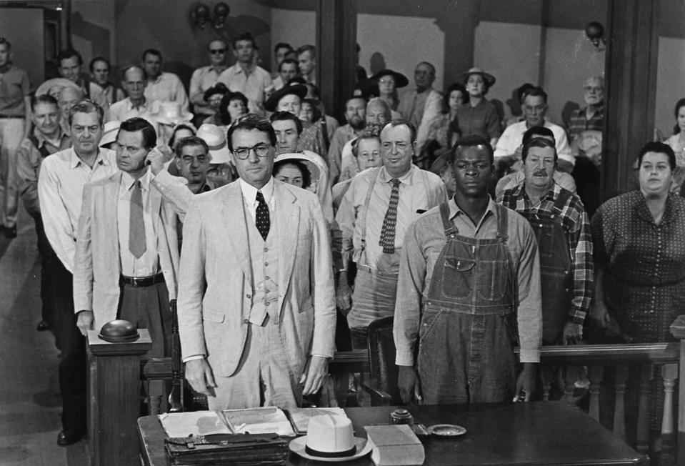 Gregory Peck, front left, stars as Atticus Finch and Brock Peters, front right,  stars as Tom Robinson in the 1962 movie version of Harper Lee’s Pulitzer Prize-winning novel “To Kill a Mockingbird.”