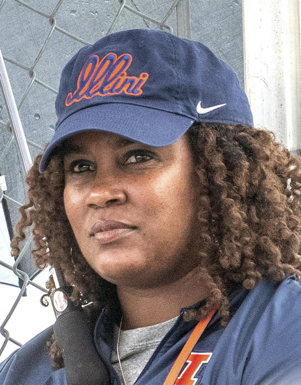 Illinois softball head coach Tyra Perry attends a semifinal game between Mahomet-Seymour and Saint Ignatius at the 3A state high school softball championship in Peoria, Ill., Friday, June 10, 2022. (Robin Scholz/The News-Gazette via AP)