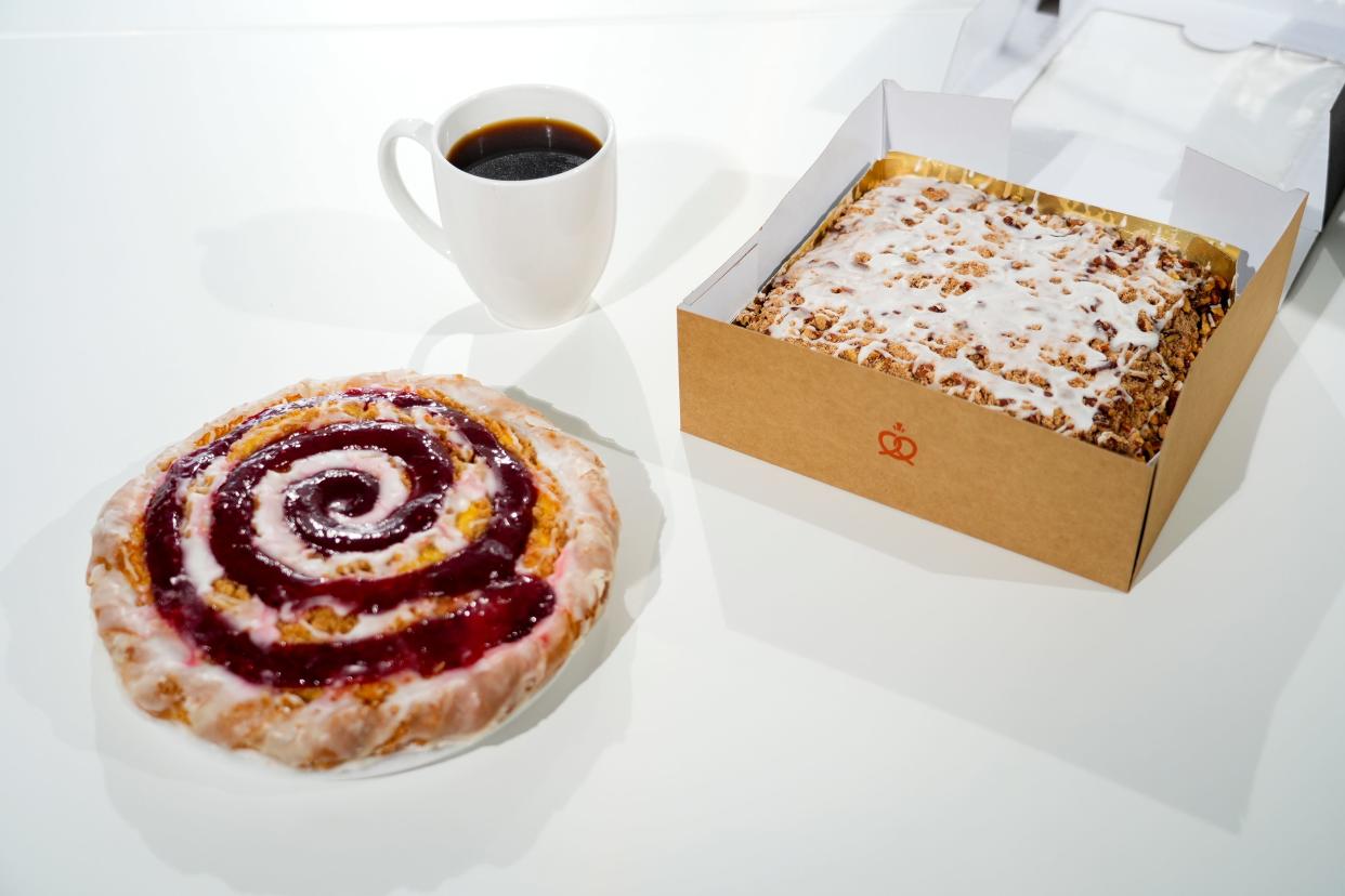 The Raspberry Pizza coffeecake, left, and Cinnamon Pecan Square coffeecake from Servatii.