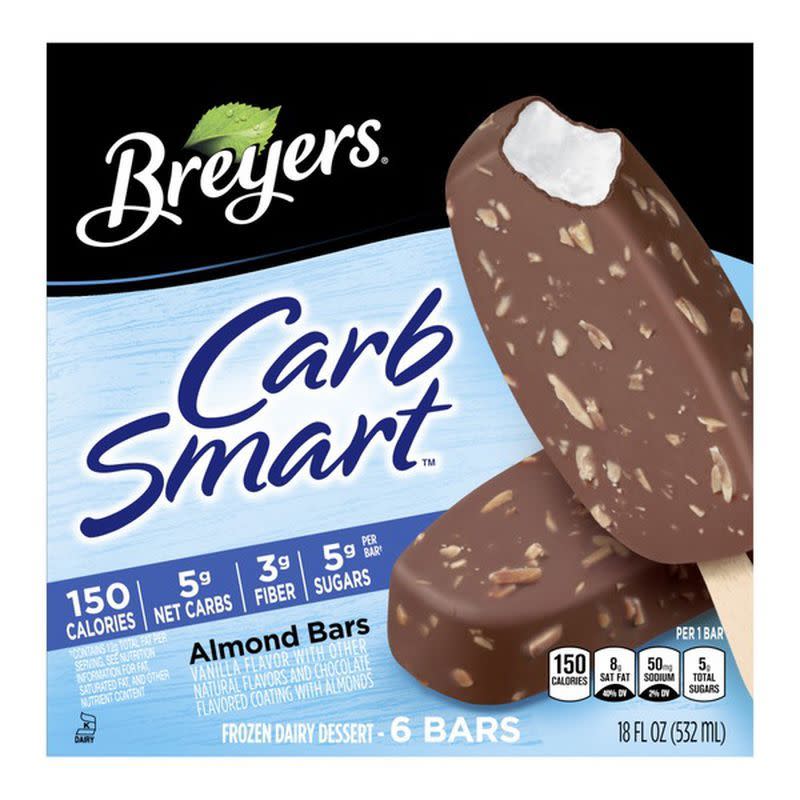 <p><strong>Breyers</strong></p><p>instacart.com</p><p><strong>$5.19</strong></p><p><a href="https://go.redirectingat.com?id=74968X1596630&url=https%3A%2F%2Fwww.instacart.com%2Fproducts%2F8878-breyers-carb-smart-almond-ice-cream-bars-6-ct%3Firgwc%3D1%26clickid%3DSqsWgfzAzxyOWYbwUx0Mo38VUkE0Oq1qhRE5Ro0&sref=https%3A%2F%2Fwww.goodhousekeeping.com%2Ffood-products%2Fg34313693%2Fbest-sugar-free-ice-cream%2F" rel="nofollow noopener" target="_blank" data-ylk="slk:Shop Now;elm:context_link;itc:0;sec:content-canvas" class="link ">Shop Now</a></p><p>One of the best ways to control portions is to buy ice cream bars, says Sassos. These truly delicious Carb Smart versions from Breyers give you the childlike joy of eating a pop (with the added crunch of almonds), but with only 150 calories and 5 net carbs. </p><p><em>Per bar: 150 cals, 12g fat; 11g carbs; 5g total sugar; 3g added sugar; 3g sugar alcohol; 2g protein</em></p>