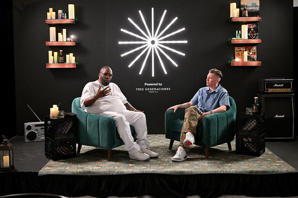 Killer Mike and Noah Callahan-Bever speak onstage during Idea Generation LIVE: Building Sessions, A Tres Generaciones event at The White Bohemian on June 08, 2023 in Atlanta, Georgia.