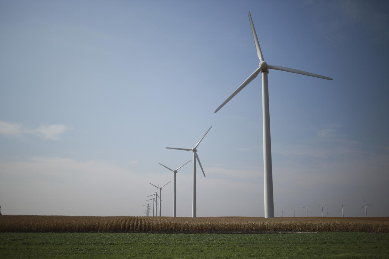 Turbinas eólicas entre campos de maíz en las afueras de Blairsburg, Iowa, el 30 de septiembre de 2014. (Luke Sharrett/The New York Times).