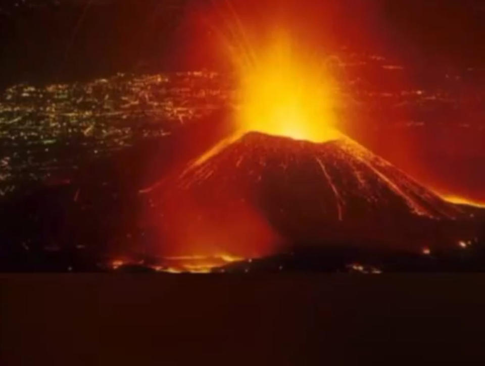 This image from video provided by Raphael Kaliwavyo Raks-Brun shows Mount Nyiragongo erupting on Saturday. Source: Raphael Kaliwavyo Raks-Brun via AP