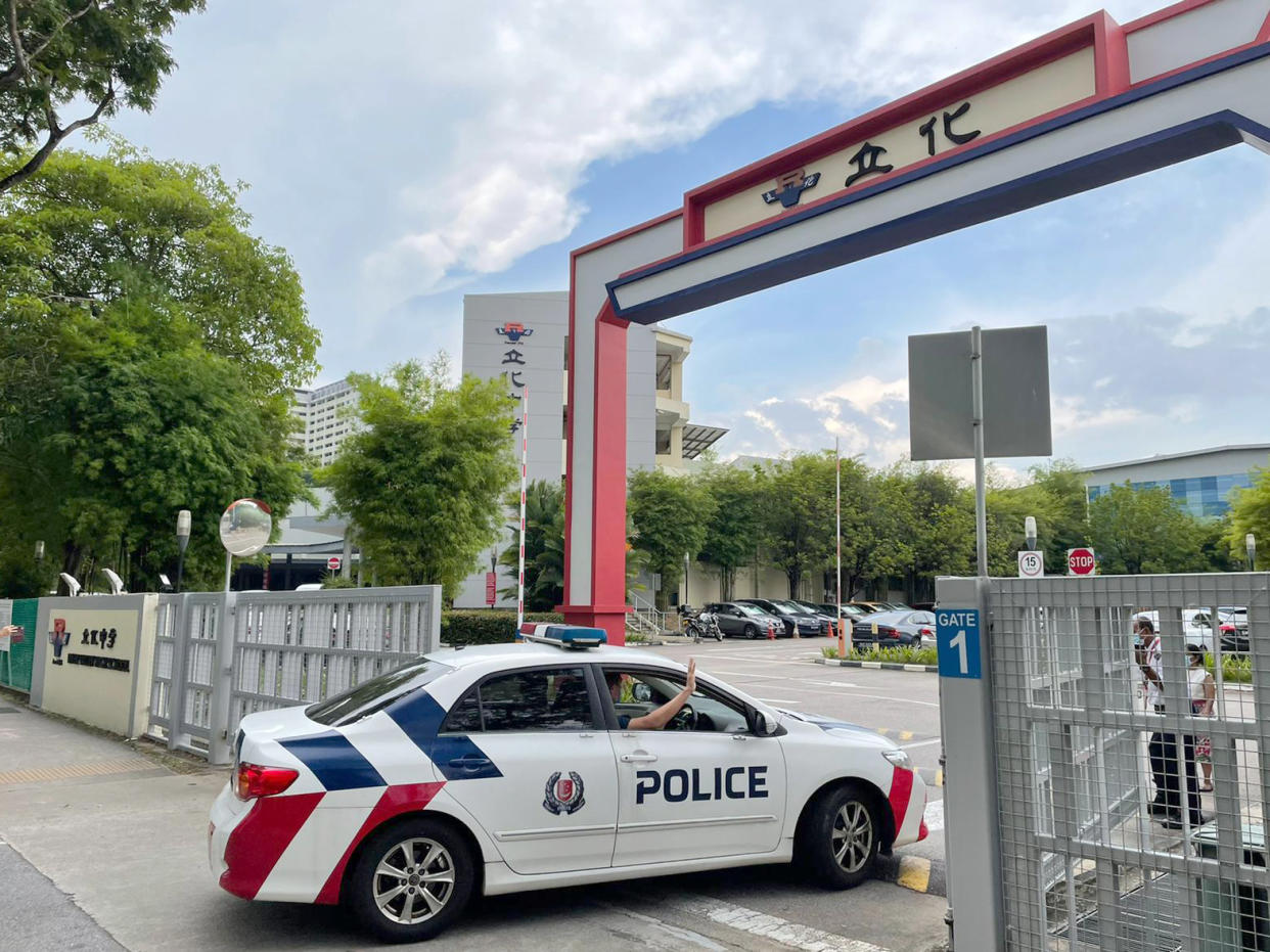 A police car seen entering the River Valley High School campus on 19 July. (PHOTO: Dhany Osman / Yahoo News Singapore)