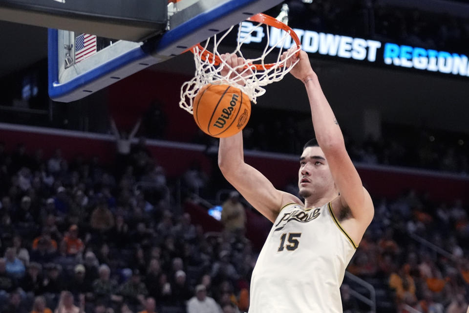 Purdue center Zach Edey dunks during the second half of a Sweet 16 college basketball game against Gonzaga in the NCAA Tournament, Friday, March 29, 2024, in Detroit. (AP Photo/Paul Sancya)