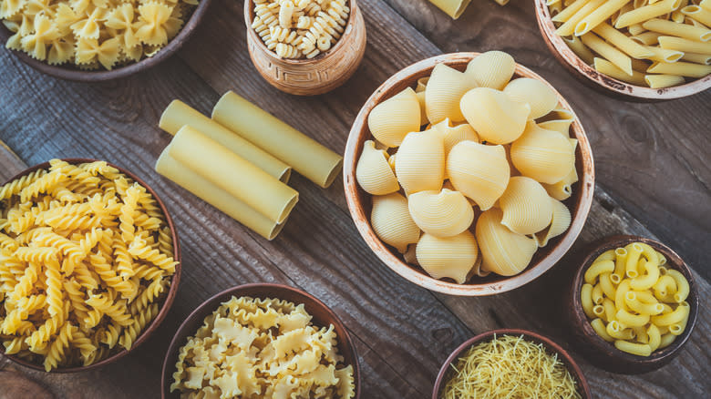 Bowls of uncooked pasta