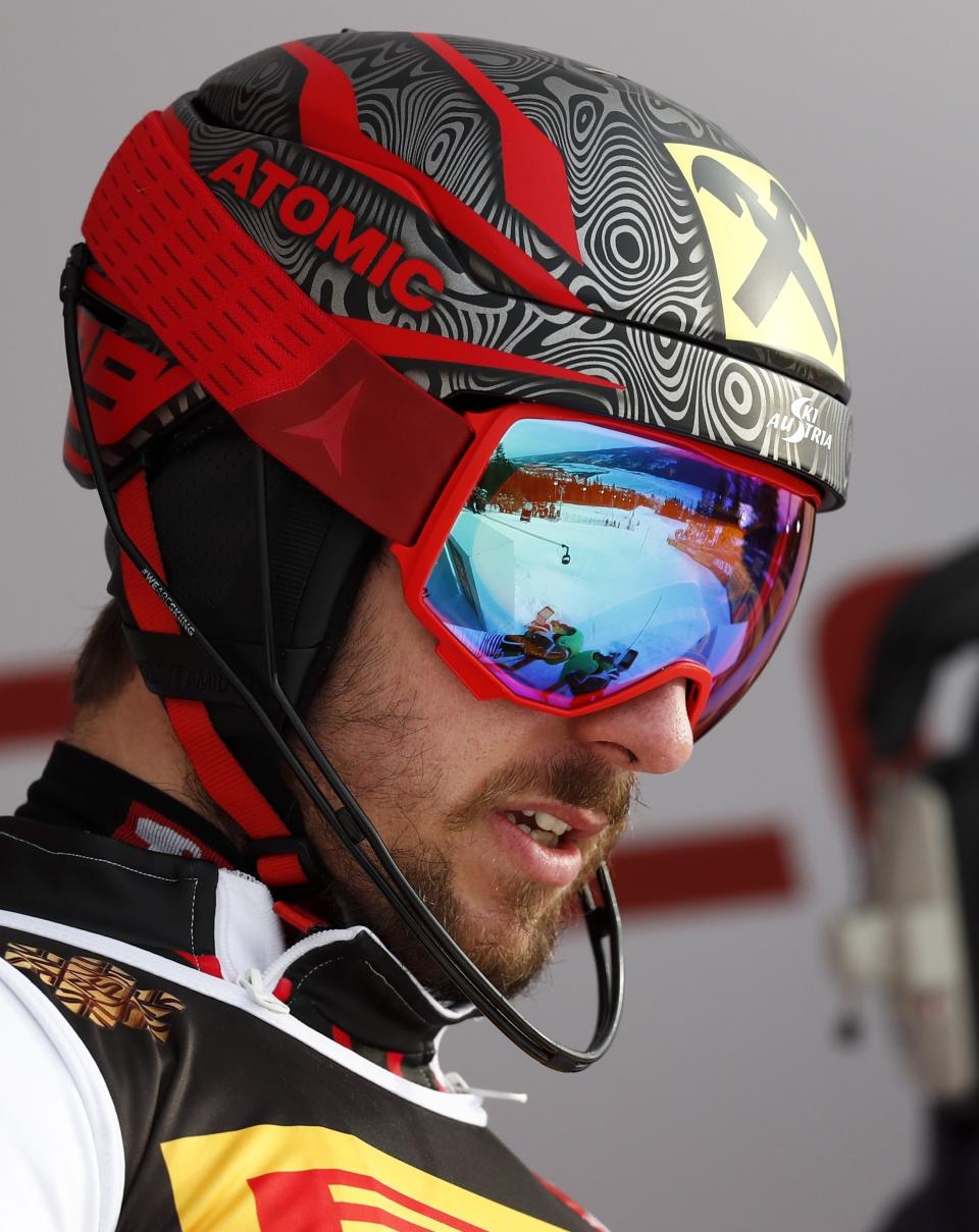 Austria's Marcel Hirscher competes during the men's slalom, at the alpine ski World Championships in Are, Sweden, Sunday, Feb. 17, 2019. (AP Photo/Gabriele Facciotti)