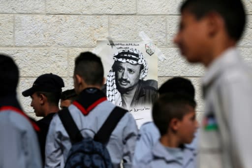 A poster of late Palestinian leader Yasser Arafat in the West Bank city of Ramallah on November 11, 2018