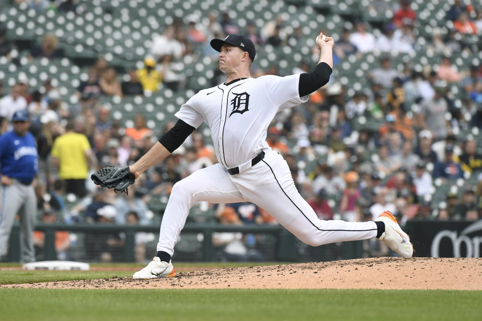 Detroit Tigers starting pitcher Tarik Skubal throws to a Kansas City Royals batter in the fourth inning of a baseball game, Sunday, April 28, 2024, in Detroit. (AP Photo/Jose Juarez)