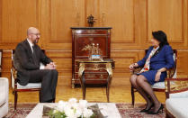 In this photo provided by the Georgian Presidential Press Office, Georgia's President Salome Zurabishvili attends a meeting with European Council President Charles Michel in Tbilisi, Georgia, Monday, March 1, 2021 (Georgian Presidential Press Office via AP)