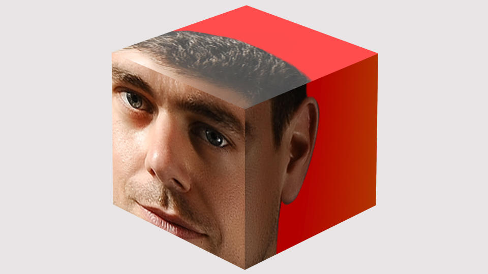 A graphic from financial company Block showing Jack Dorsey's face on a cube.