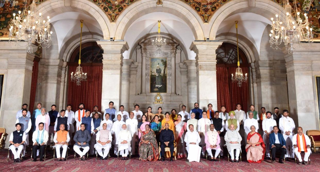 President Ram Nath Kovind, Vice President M Venkaiah Naidu, Prime Minister Narendra Modi and other members of Council of Ministers at the swearing-in ceremony at Rashtrapati Bhavan in New Delhi on July 7, 2021. Photo: PIB