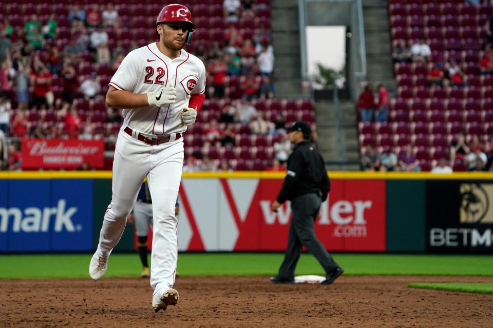 Cincinnati Reds third baseman Brandon Drury (22) rounds the bases after hitting a three-run home run in the fifth inning of a baseball game against the Milwaukee Brewers, Monday, May 9, 2022, at Great American Ball Park in Cincinnati. 