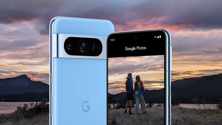  Pixel 8 Blue with sunset photography on screen and in the background. 
