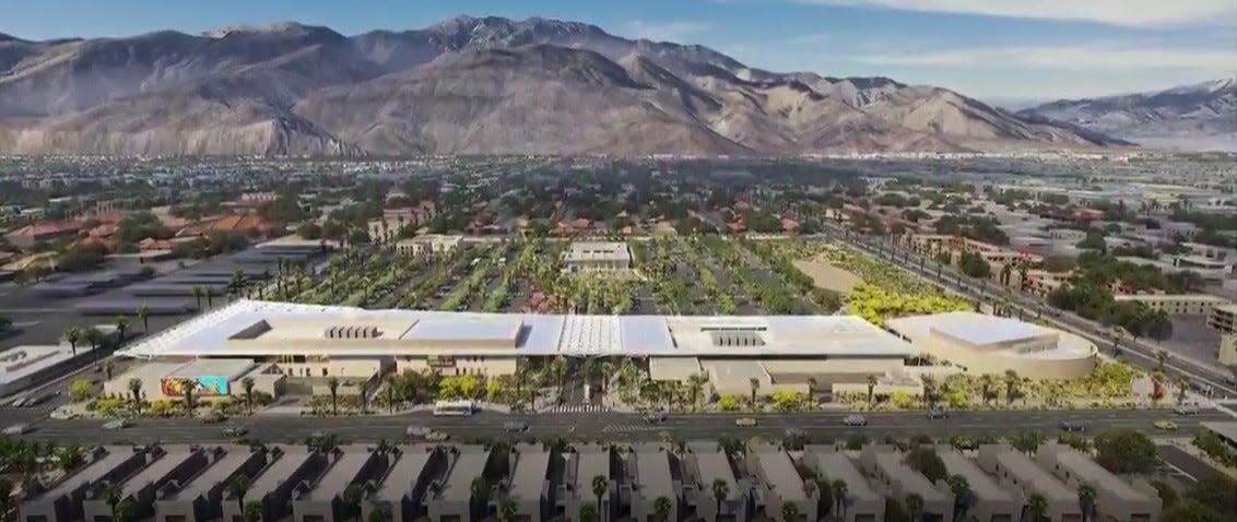 A rendering showing the planned College of the Desert west campus in Palm Springs, as viewed looking west. The rendering was shown during a presentation given by College of the Desert President Laura Hope to the Palm Springs City Council on Thursday, Jan. 25, 2024.