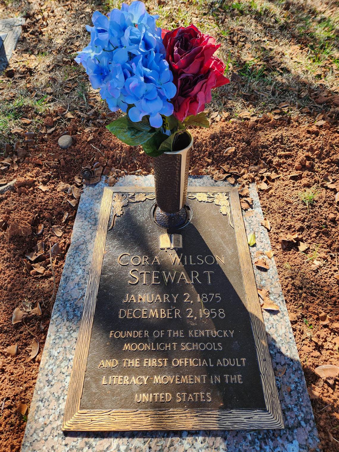 Cora Wilson Stewart’s new grave marker in Polk Memorial Gardens in Columbus, N.C., was designed by Kim Michele RIchardson. Photo courtesy of McFarland Funeral.