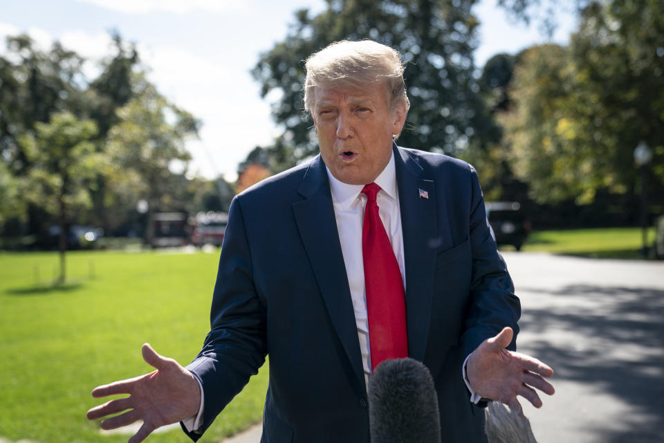 WASHINGTON, DC - SEPTEMBER 30: U.S. President Donald Trump speaks to reporters on his way to Marine One on the South Lawn of the White House on September 30, 2020 in Washington, DC. President Trump is traveling to Minnesota for a fundraising event and a campaign rally. (Photo by Drew Angerer/Getty Images)