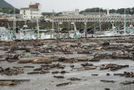 Sea wracks land at a port as Typhoon Hagibis approaches in town of Kiho, Mie prefecture, central Japan Saturday, Oct. 12, 2019. Tokyo and surrounding areas braced for a powerful typhoon forecast as the worst in six decades, with streets and trains stations unusually quiet Saturday as rain poured over the city. (AP Photo/Toru Hanai)