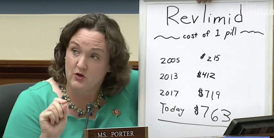 Rep. Porter questions a pharma executive about the price of Revlimid. 