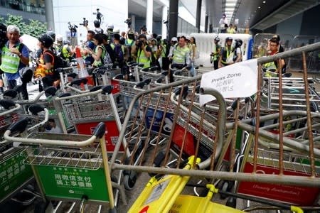 Barricades are seen at Hong Kong International Airport