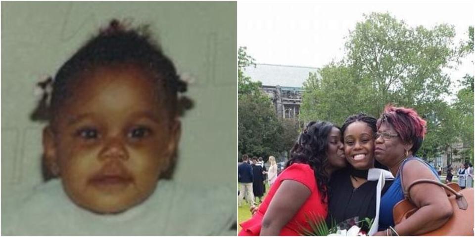 Pictured left, Arielle Townsend as a baby. Pictured right, Townsend (centre) at her graduation from the University of Toronto with her grandmother Susan (right) and mother Nichola (left).