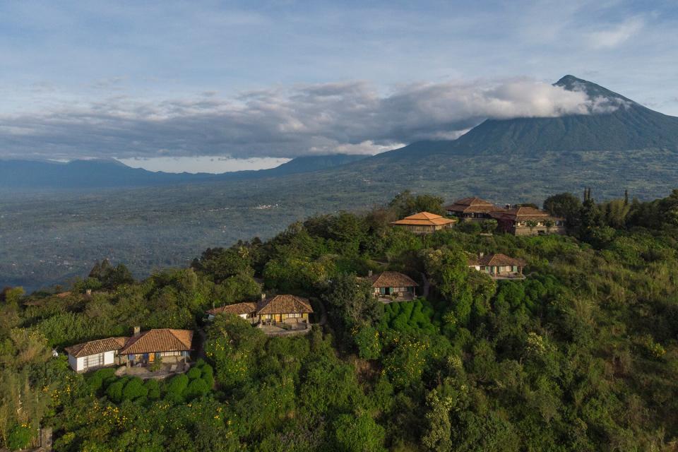 Aerial view of Virunga Lodge in the mountains