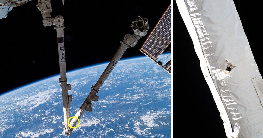Close-up images of space debris damage on Canadarm2 on International Space Station.