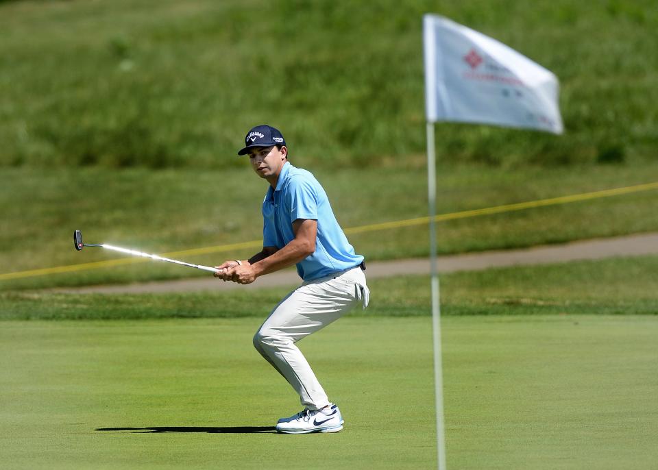 Jackson Buchanan reacciona a un putt en el green 13 durante el torneo de golf Memorial Health en Panther Creek Country Club el jueves 27 de junio de 2024. Thomas J. Turney/The State Journal-Register