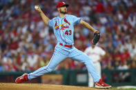 St. Louis Cardinals starting pitcher Dakota Hudson delivers during the second inning of a baseball game against the Philadelphia Phillies, Saturday, Aug. 26, 2023, in Philadelphia. (AP Photo/Chris Szagola)