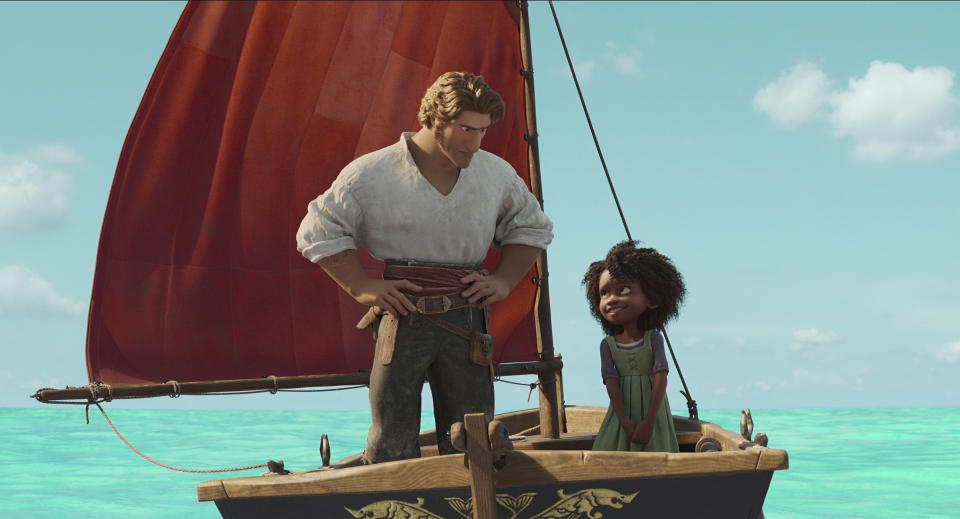 This image released by Netflix shows Jacob Holland, voiced by Karl Urban, left, and Maisie Brumble, voiced by Zaris-Angel Hator, in a scene from the animated film "The Sea Beast." (Netflix via AP)