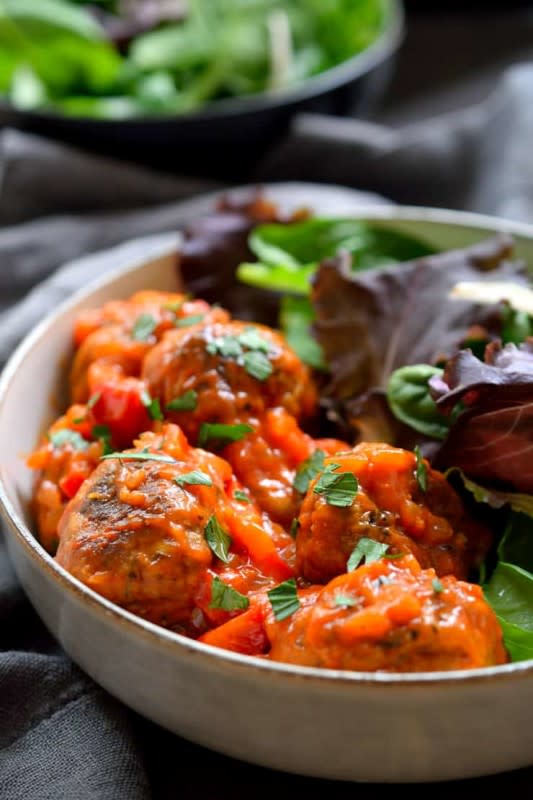 <p>The Stingy Vegan</p><p>These vegan meatballs are made with from-scratch seitan using vital wheat gluten. They’re quick and easy to prepare and are baked for a super-healthy and versatile vegan meatball!</p><p><strong>Get the recipe: <a href="https://thestingyvegan.com/vegan-meatballs/" rel="nofollow noopener" target="_blank" data-ylk="slk:Vegan Seitan Meatballs;elm:context_link;itc:0;sec:content-canvas" class="link rapid-noclick-resp">Vegan Seitan Meatballs</a></strong></p>
