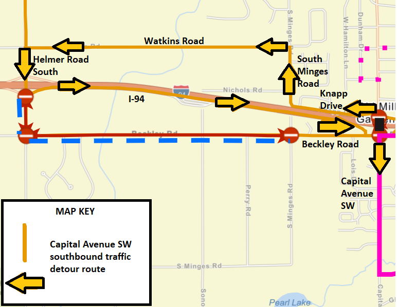 The southbound traffic detour for the upcoming Capital Avenue bridge project is shown.