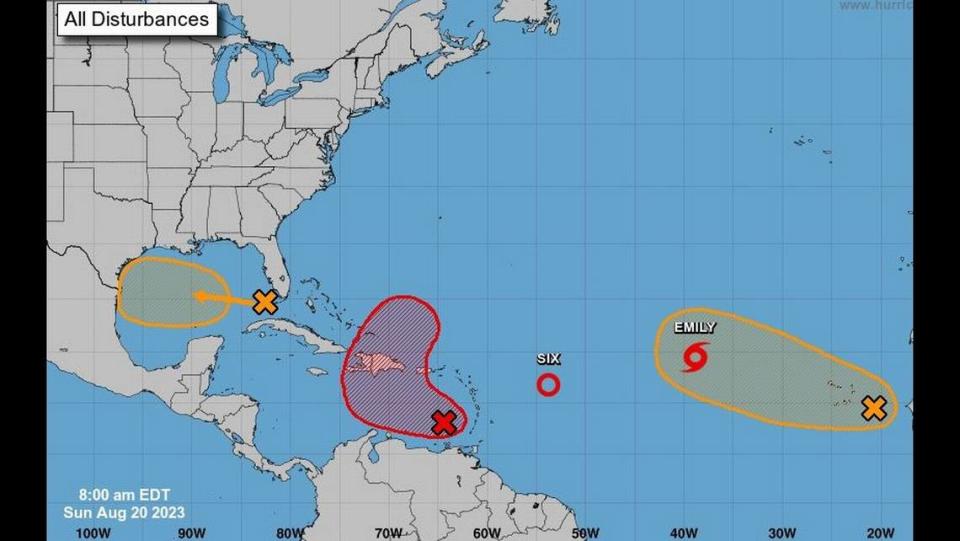 The updated 8 a.m. Atlantic Ocean system map with Tropical Storm Emily. National Hurricane Center