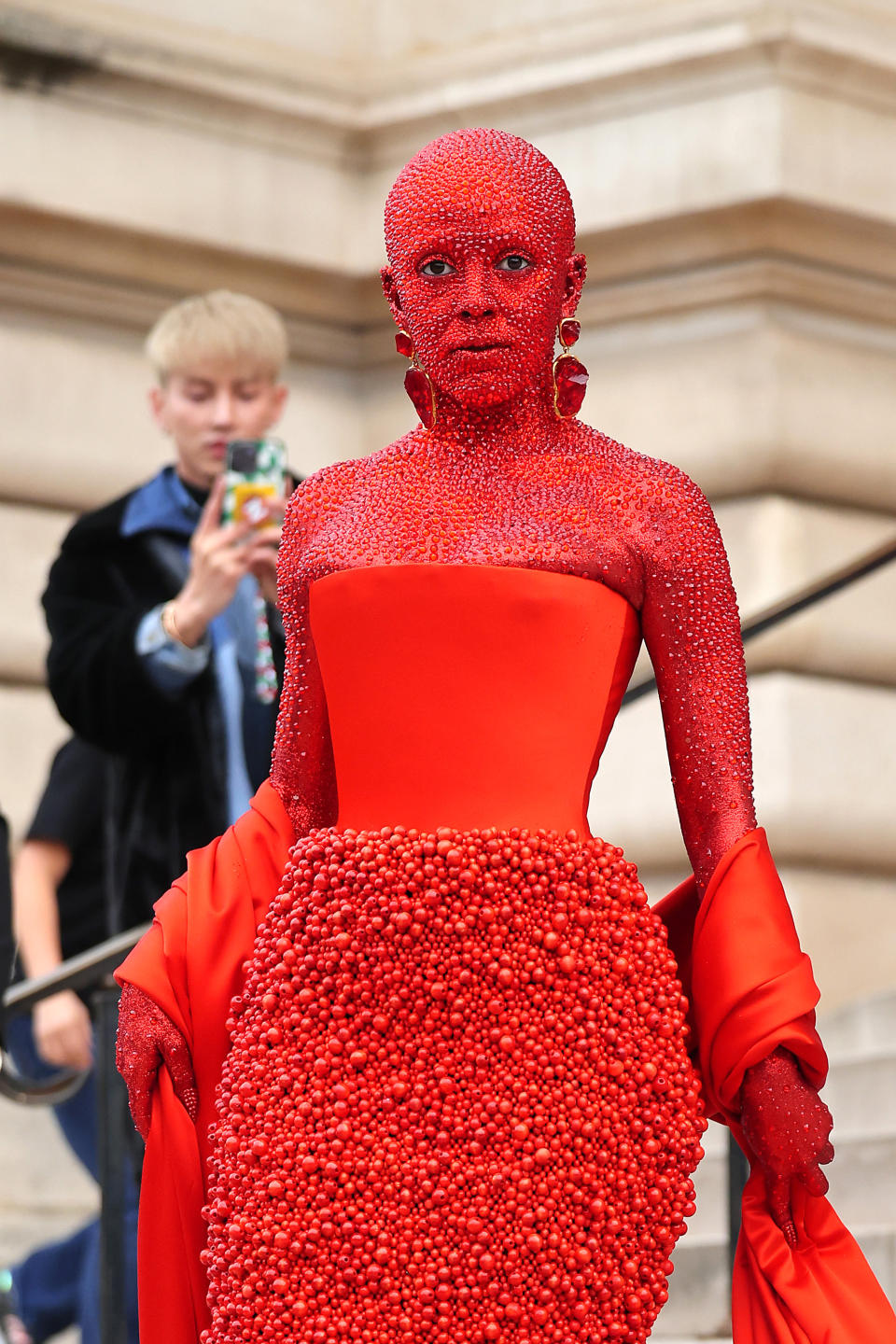 Doja cat in a red dress covered in 30,000 swarovski crystals