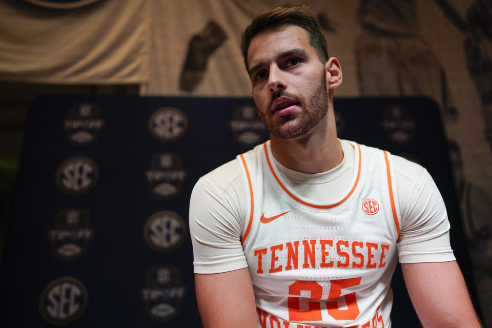 Tennessee NCAA college basketball Santiago Vescovi speaks during Southeastern Conference Media Days, Wednesday, Oct. 18, 2023, in Birmingham, Ala. (AP Photo/Mike Stewart)