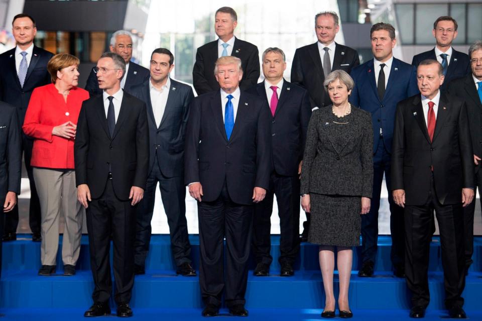 PHOTO: File photo dated May 25, 2017 of NATO Secretary General Jens Stoltenberg, former US President Donald Trump, Prime Minister Theresa May and President of Turkey Recep Tayyip Erdogan, at a Nato summit in Brussels, Feb. 6, 2019.  (Stefan Rousseau/AP, FILE)